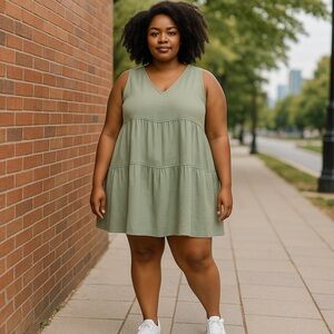 Sleeveless V-Neck Tiered Mini Dress in Sage Green